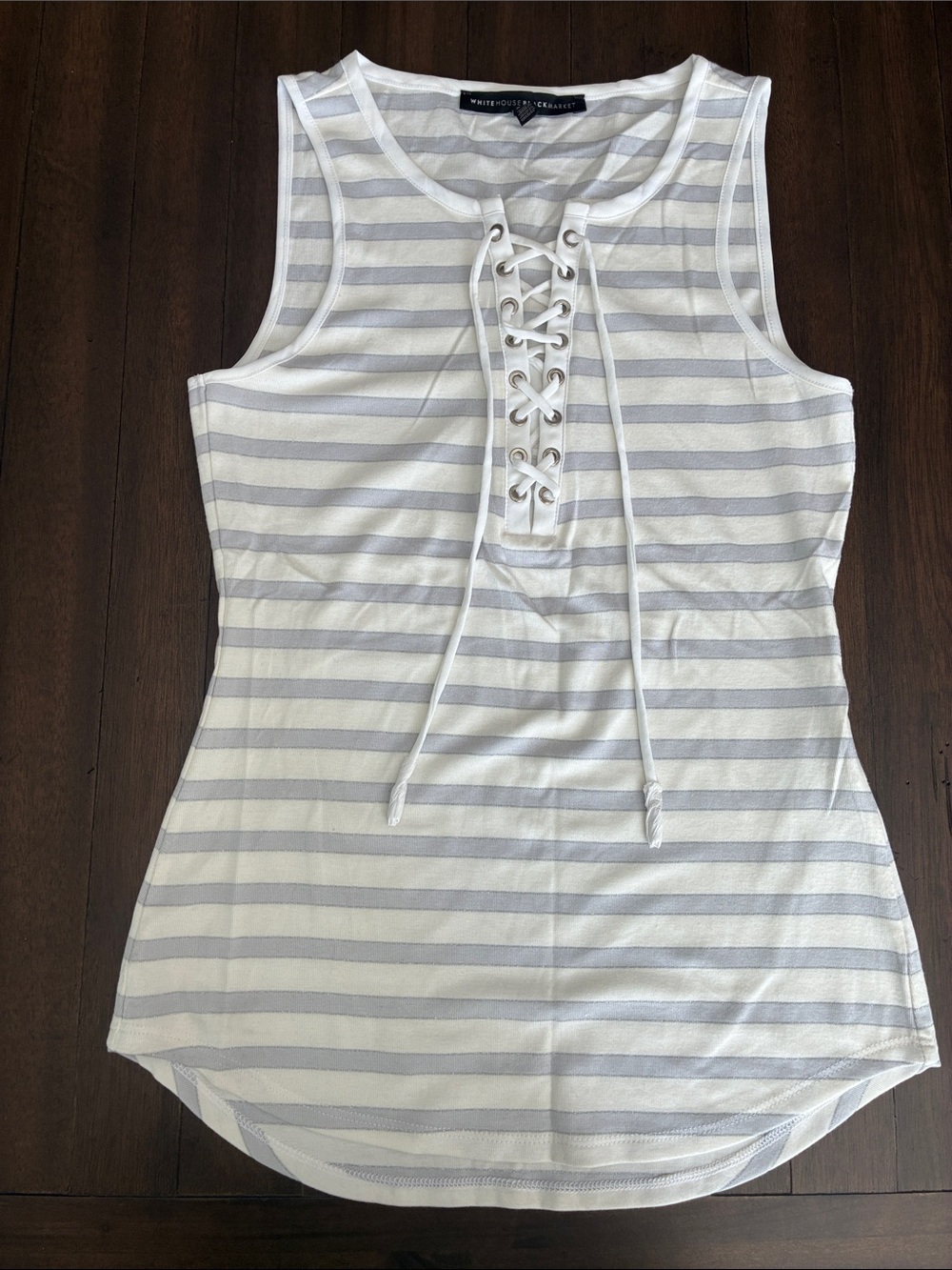 White House Black Market White and Light Gray Striped Lace-Up Tank
